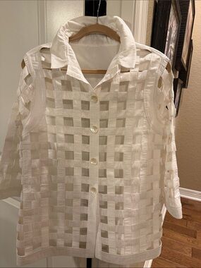 White Woven Openwork Button-Front Shirt